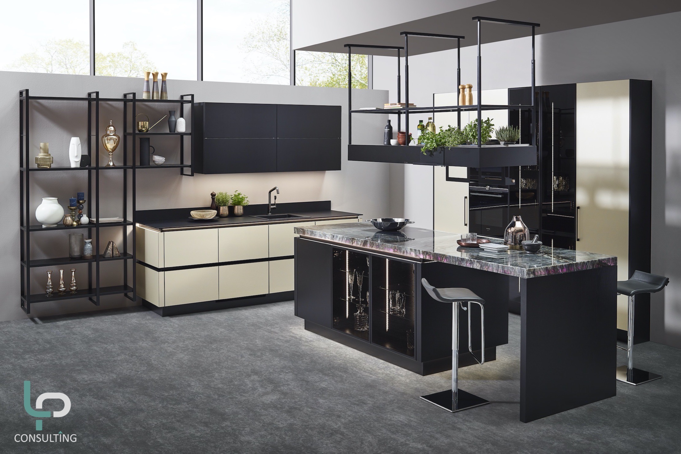 LP Consulting, cuisine moderne, sans poignée noir et beige